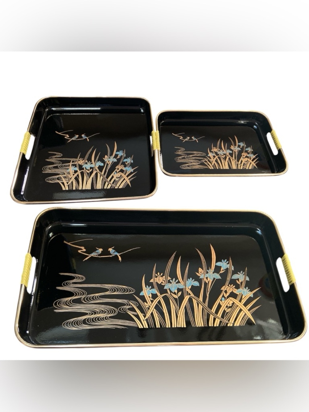 Vintage Toyo Japanese Lacquer Tray Set 3pc Black Gold Birds Floral Nesting